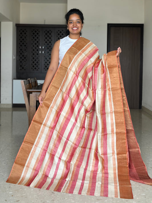 Cream and Orange Tussar Silk Saree with Prints