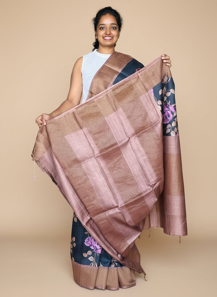 Black and Brown Tussar Silk Saree with Prints