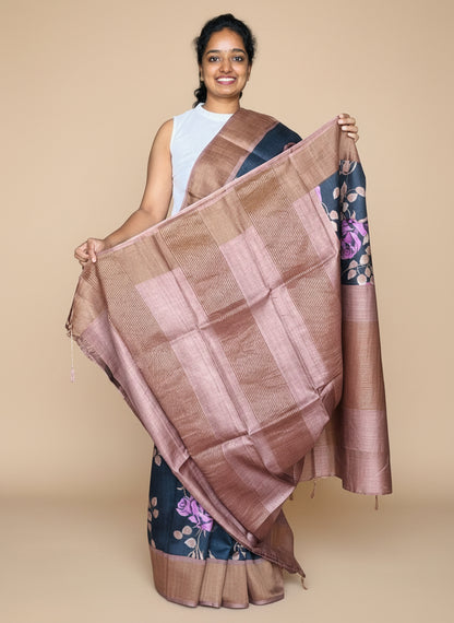 Black and Brown Tussar Silk Saree with Prints