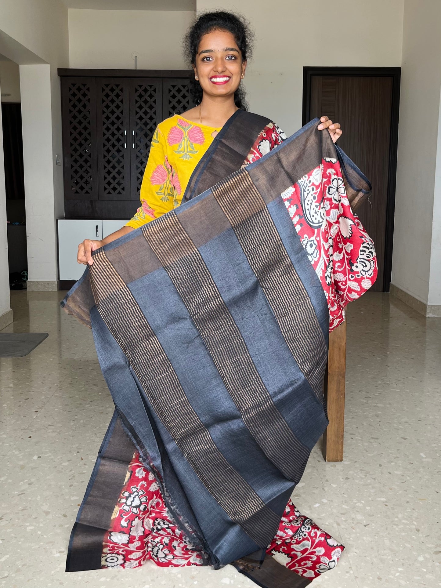 Red and Black Tussar Silk Saree with Prints