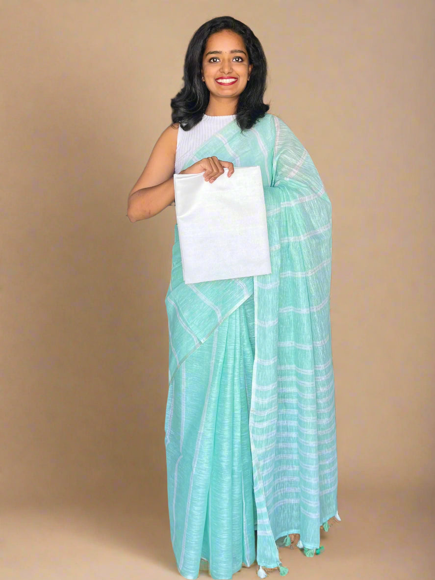 Pastel Green Linen Saree With Woven Stripes