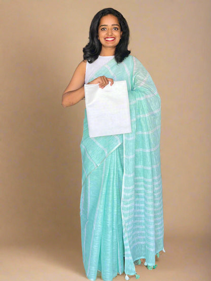 Pastel Green Linen Saree With Woven Stripes