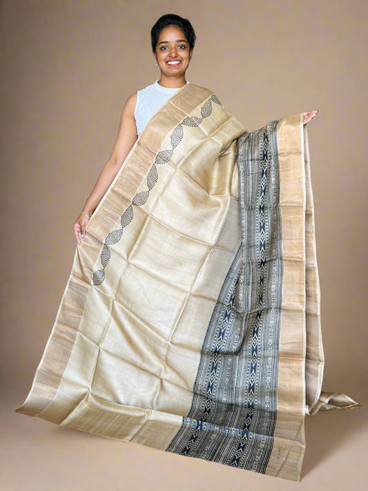 Golden Tussar Silk Saree with Prints