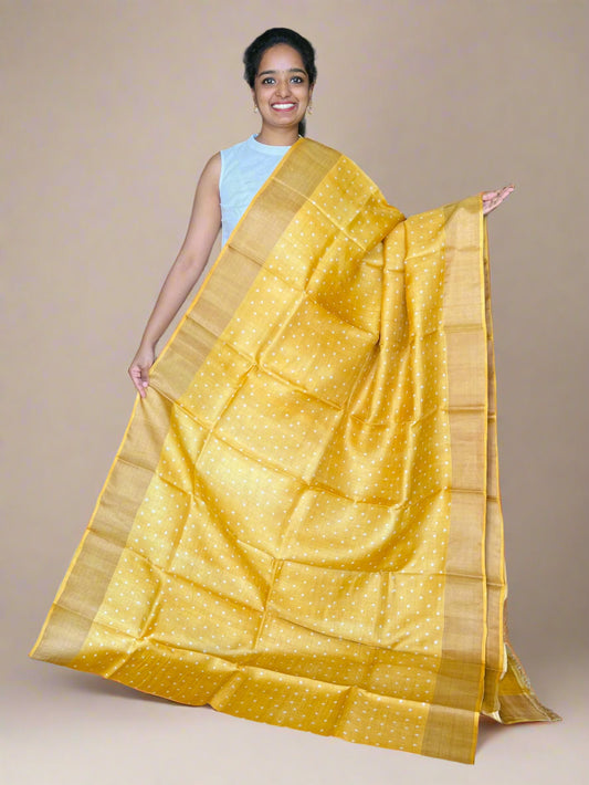 Yellow Tussar Silk Saree with Print