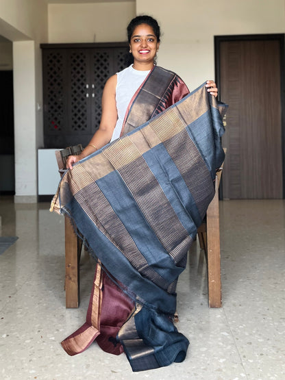 Brown and Black Tussar Silk Saree with Prints
