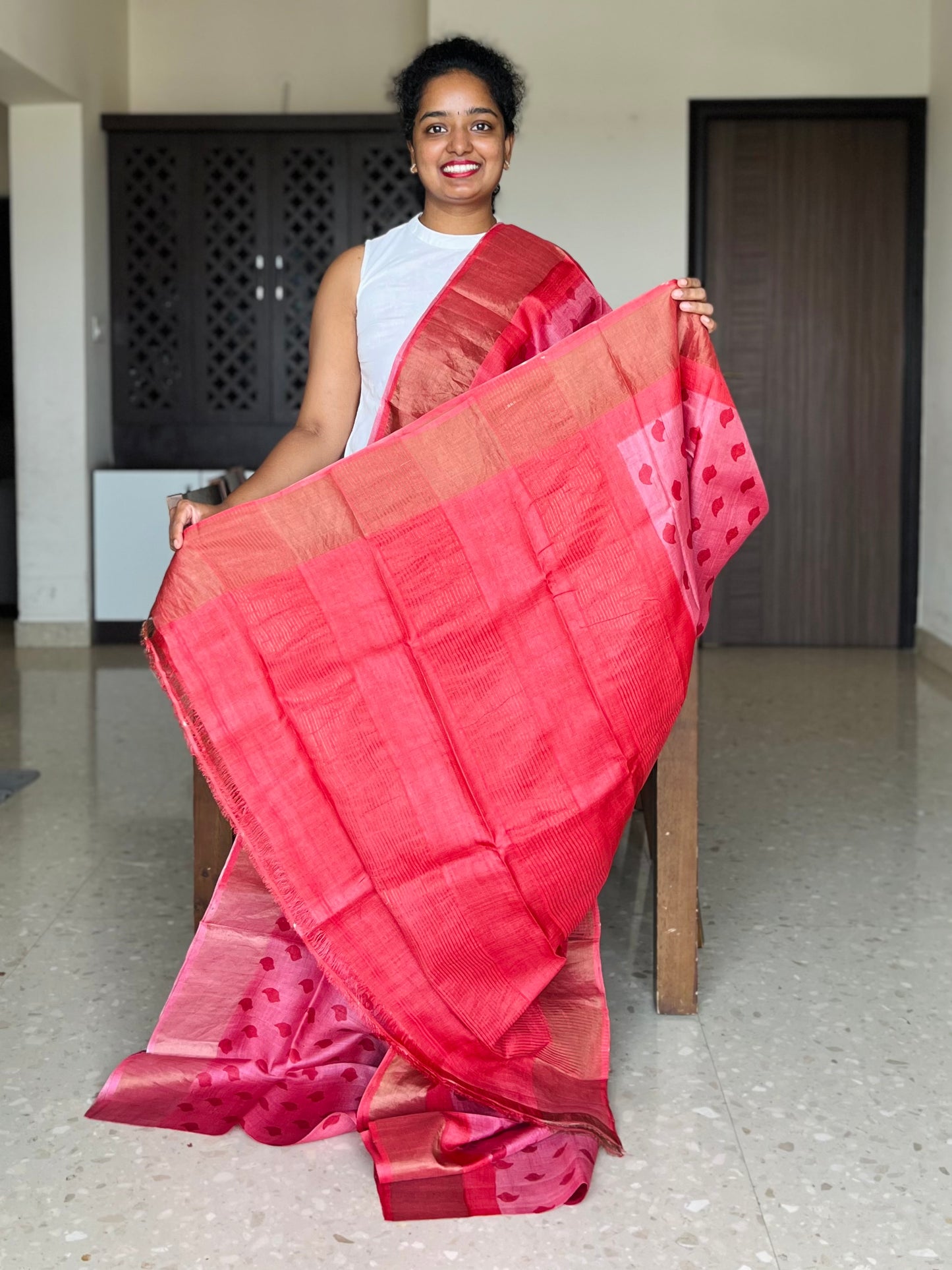 Pink and Red Tussar Silk Saree with Prints