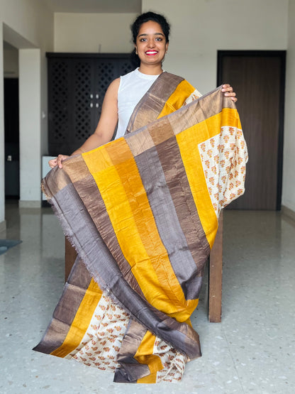 Cream, Mustard and Brown Tussar Silk Saree with Prints