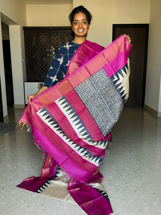 Cream and Rani Pink Tussar Silk Saree with Prints