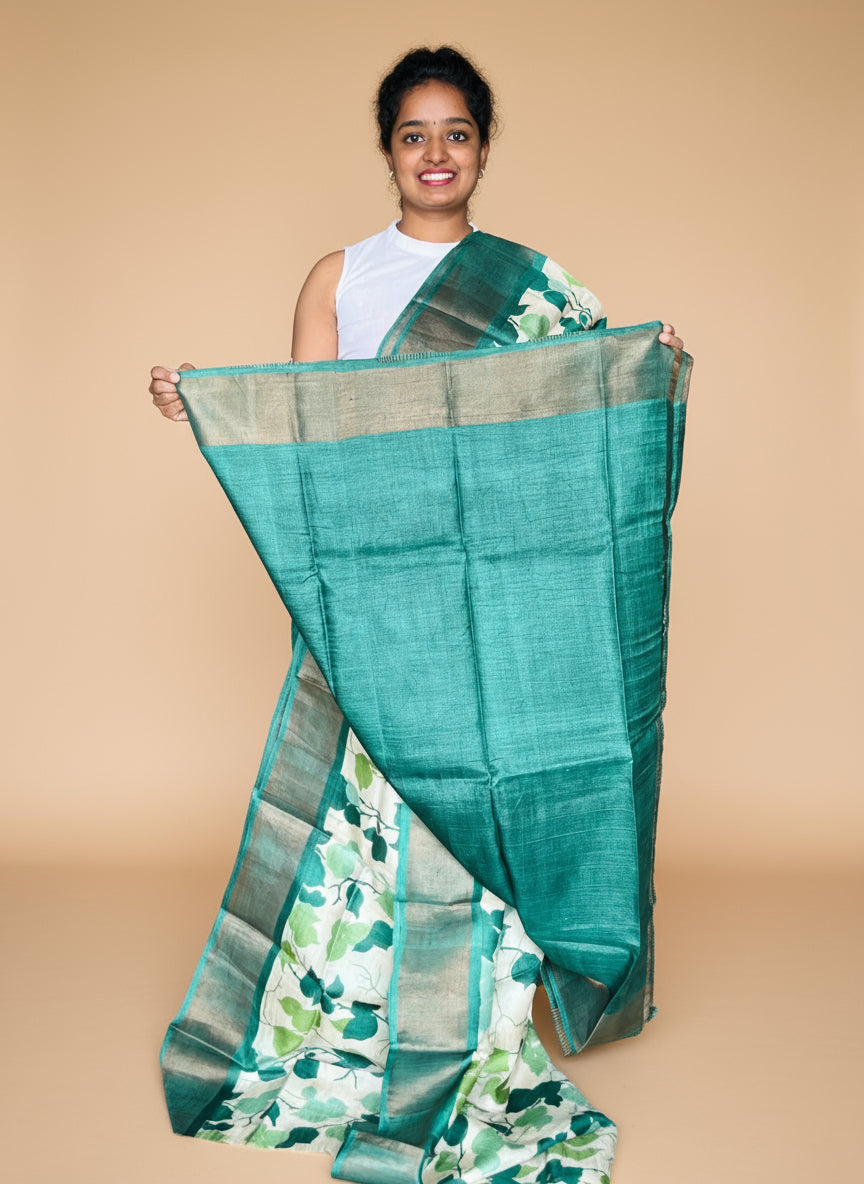 Cream and Green Tussar Silk Saree with Prints
