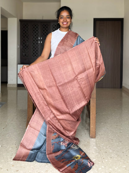 Brown and Grey Tussar Silk Saree with Printsr