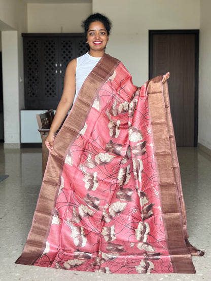 Pink and Brown Tussar Silk Saree with Prints