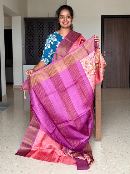 Peach and Violet Tussar Silk Saree with Prints