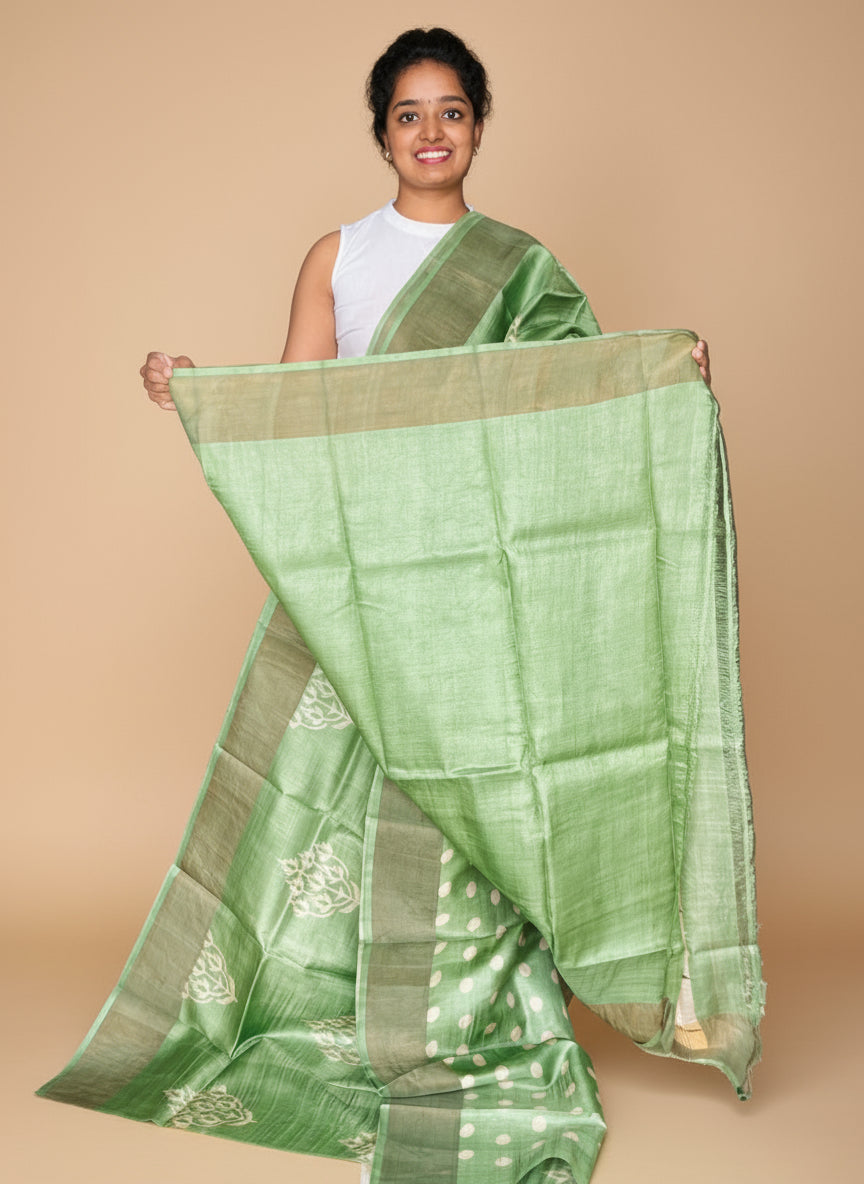 Green Tussar Silk Saree with Prints