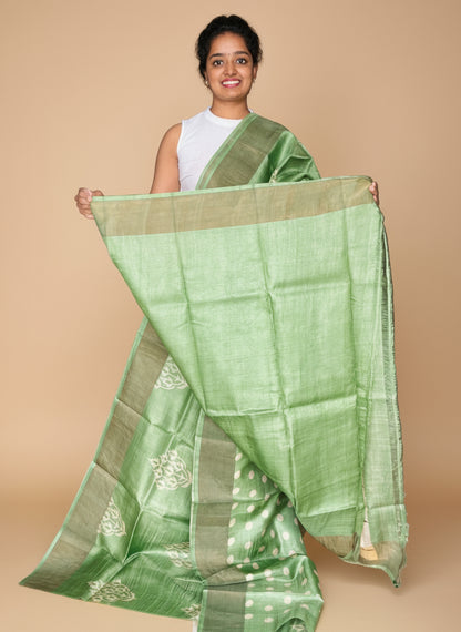 Green Tussar Silk Saree with Prints