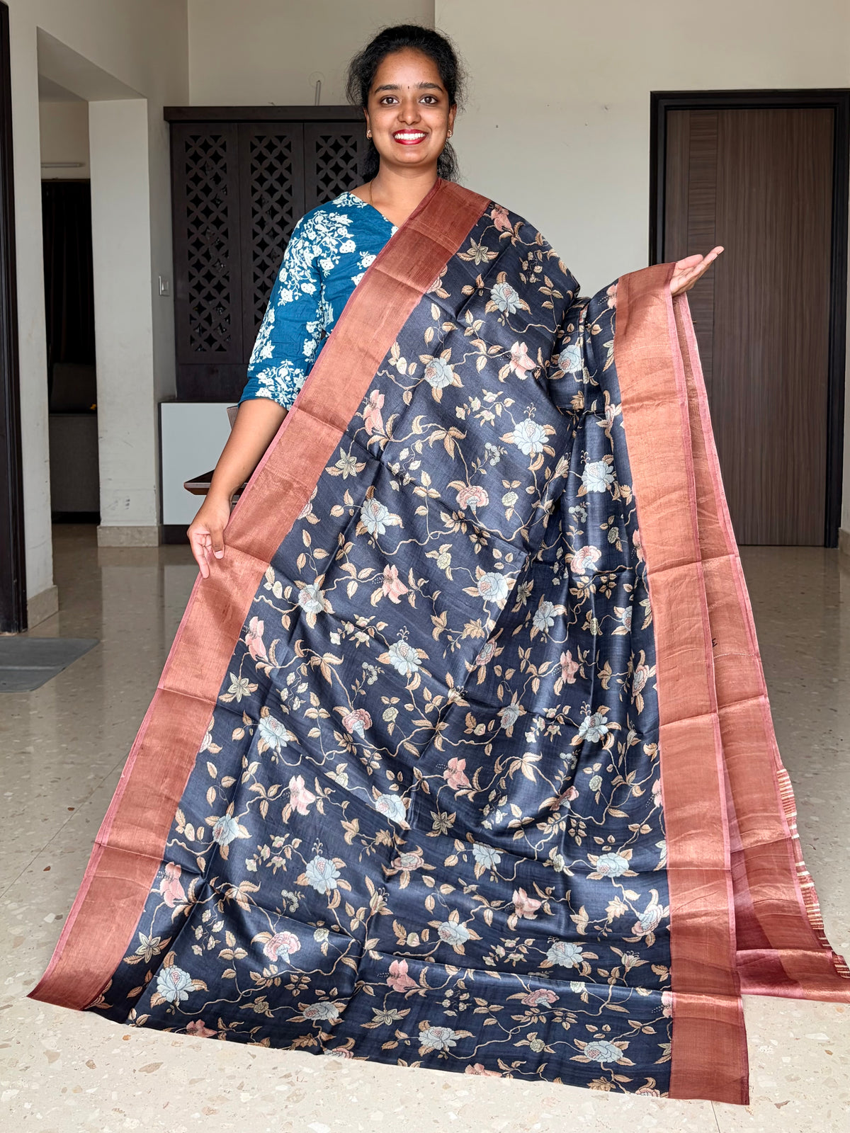 Black and Brown Tussar Silk Saree with Prints