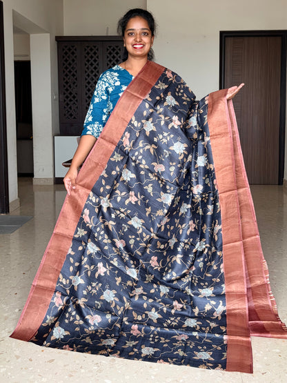 Black and Brown Tussar Silk Saree with Prints