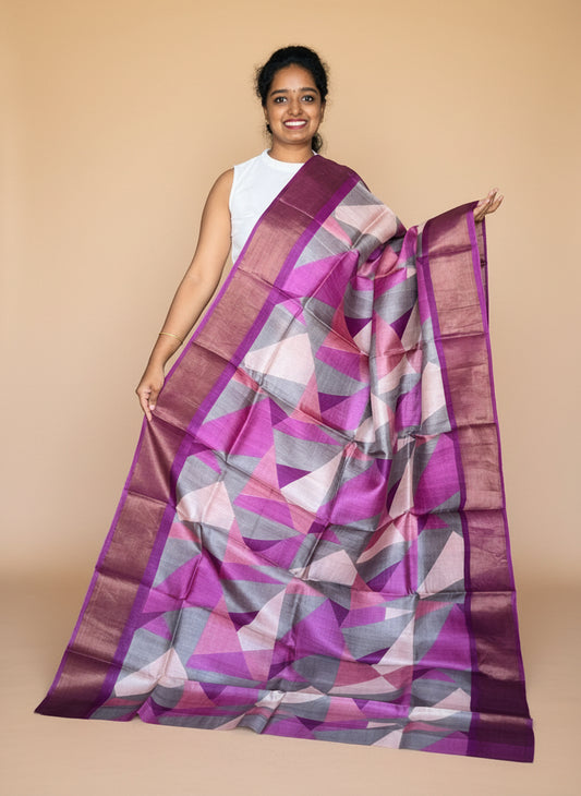Purple Tussar Silk Saree with Prints