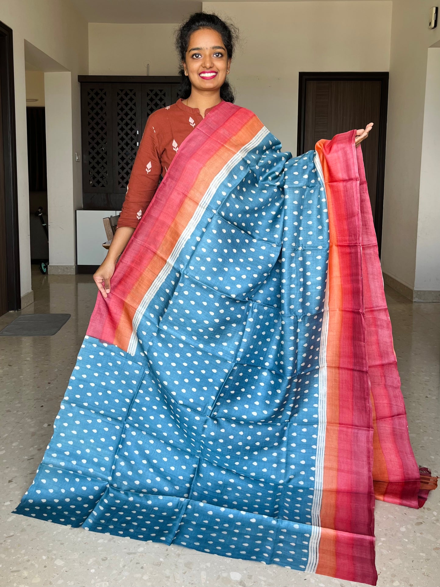 Blue, Red and Orange Tussar Silk Saree with Prints