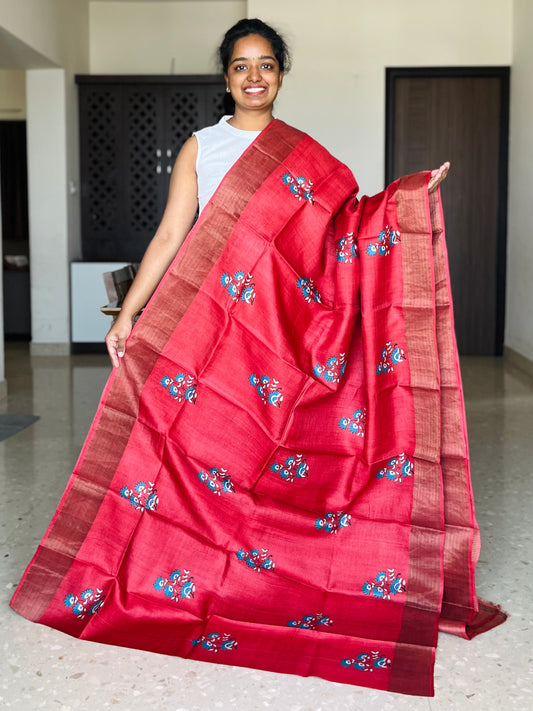 Red Tussar Silk Saree with Prints