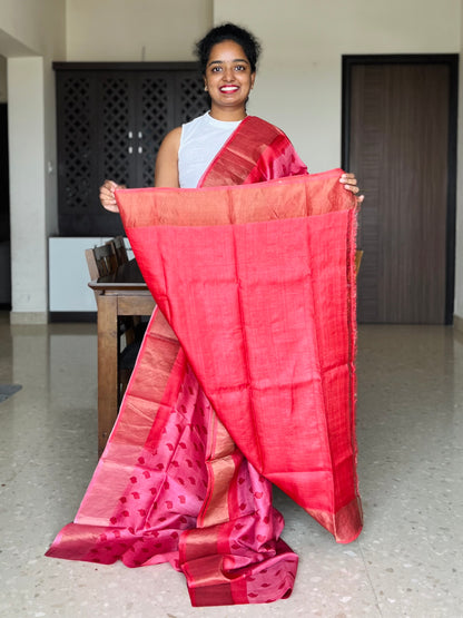 Pink and Red Tussar Silk Saree with Prints