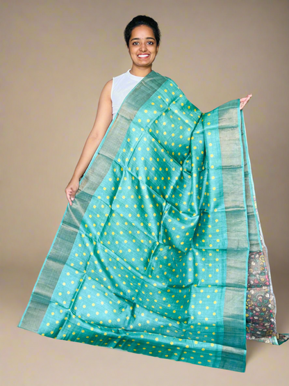 Olive Green Tussar Silk Saree with Prints