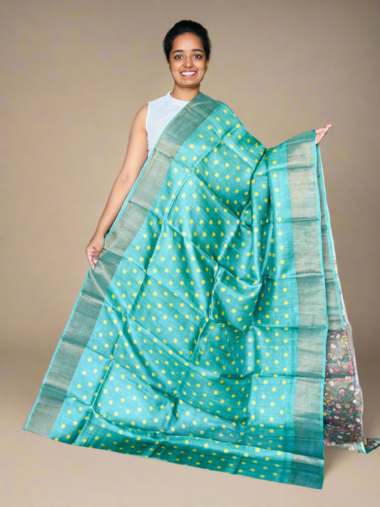 Olive Green Tussar Silk Saree with Prints
