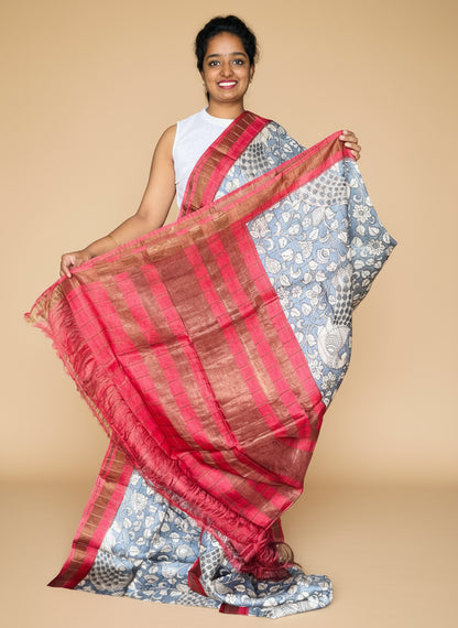 Grey and Red Tussar Silk Saree with Prints