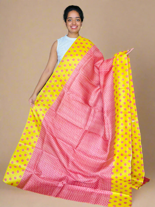 Pink and Yellow Tussar Silk Saree with Prints