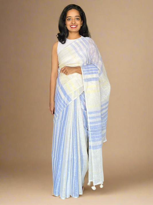 White  Linen Saree With Woven Blue and Yellow Stripes