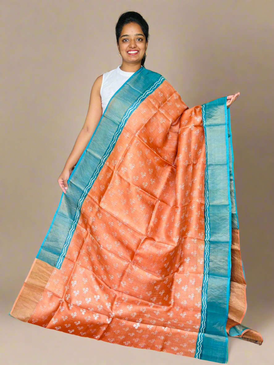Orange and Teal Tussar Silk Saree with Prints