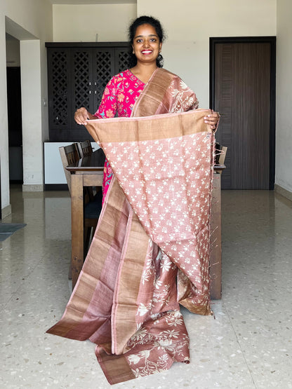 Peach Tussar Silk Saree with Prints