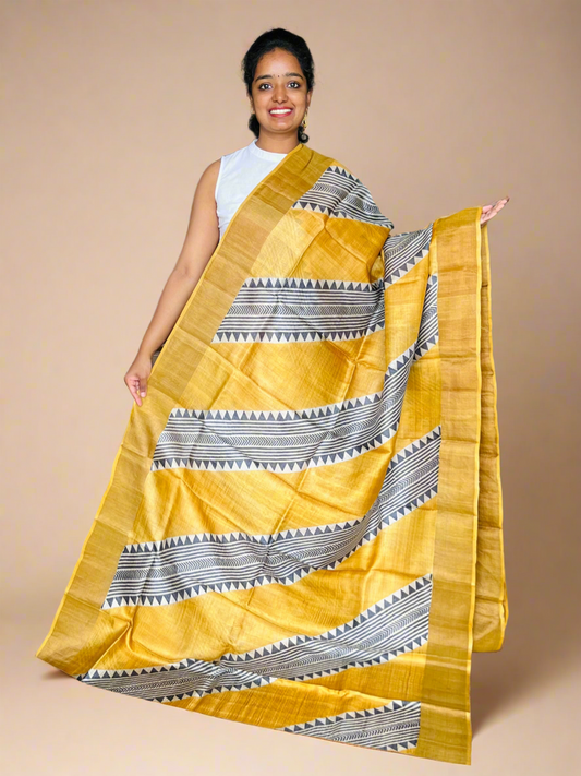 Yellow Tussar Silk Saree with Prints