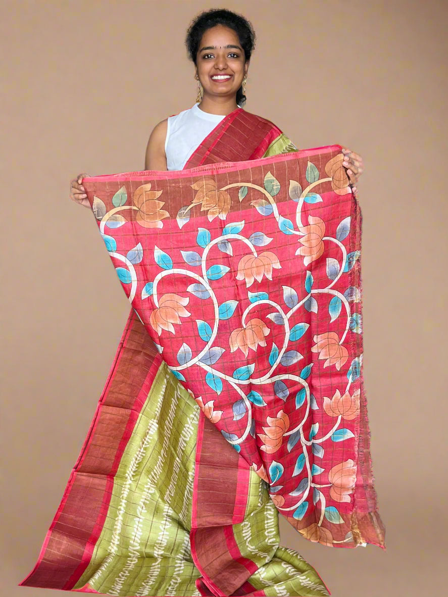 Green and Red Tussar Silk Saree with Prints