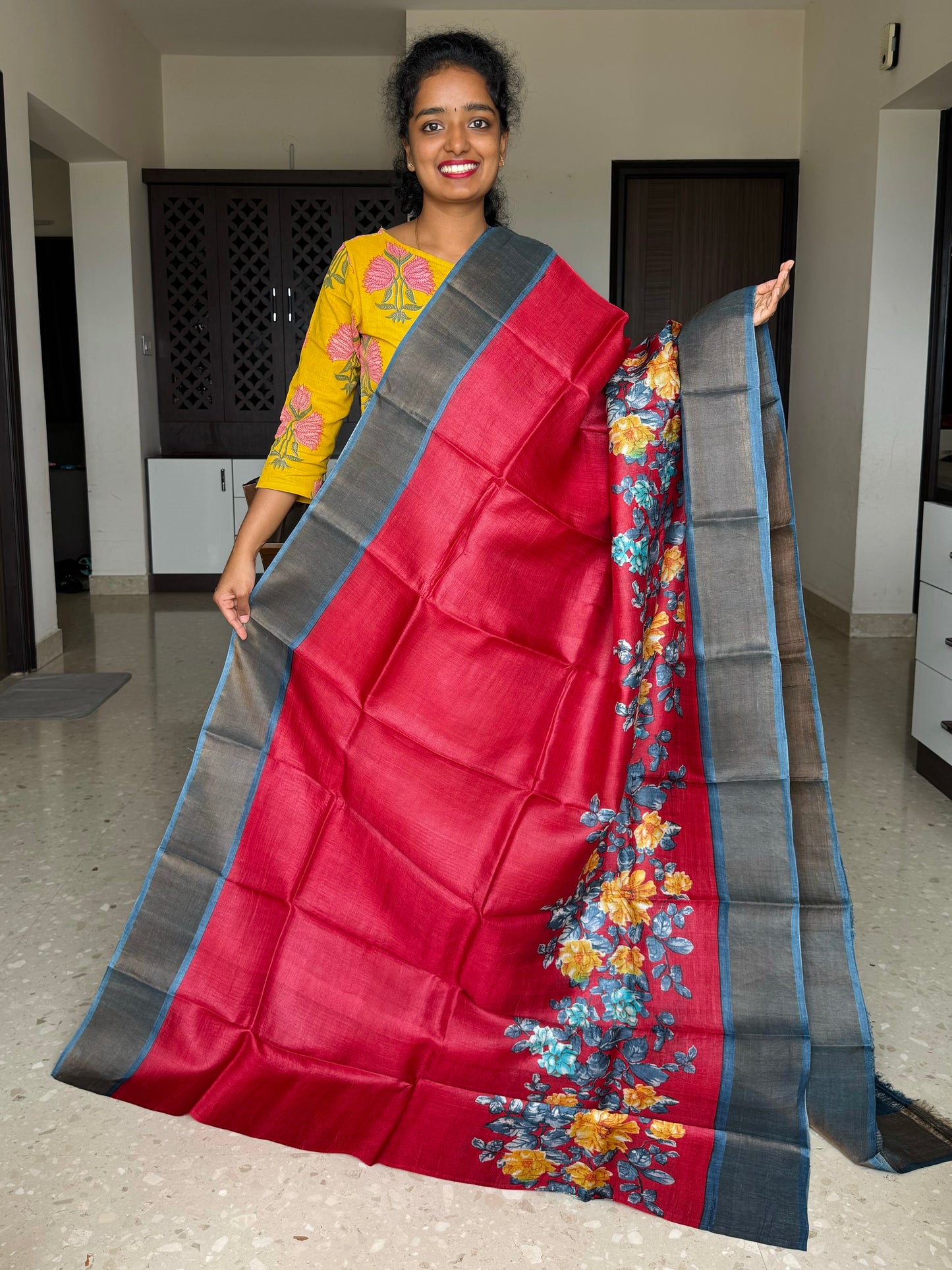 Red and Grey Tussar Silk Saree with Prints