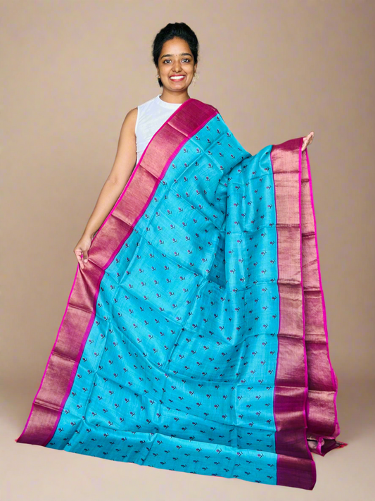 Blue and Violet Tussar Silk Saree with Prints