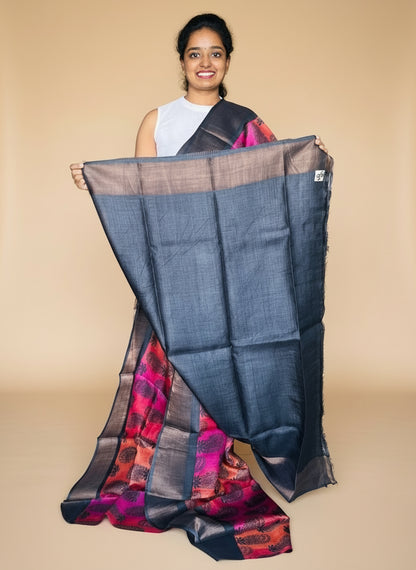 Multicolour Tussar Silk Saree with Prints