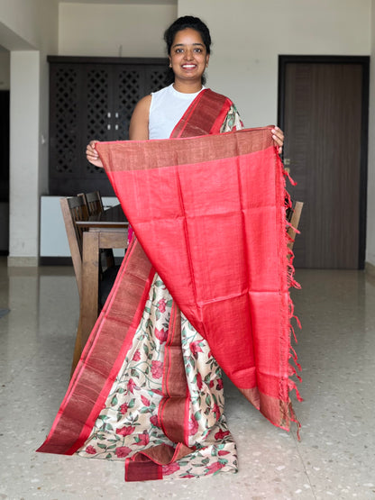 Cream and Red Tussar Silk Saree with Prints