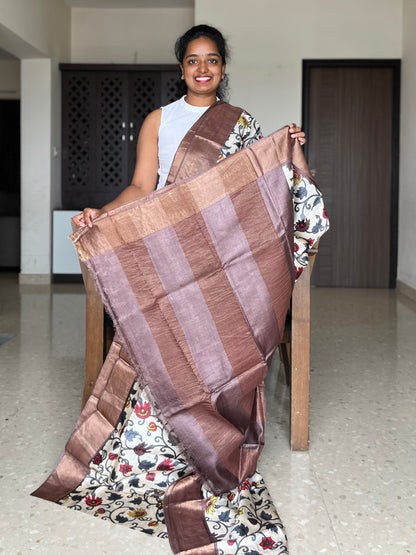 Cream and Brown Tussar Silk Saree with Prints