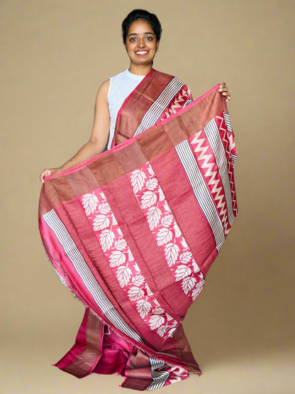 Maroon Tussar Silk Saree with Prints