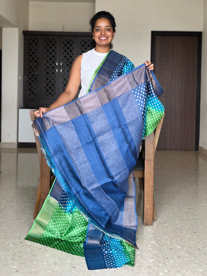Green and Blue Tussar Silk Saree with Prints
