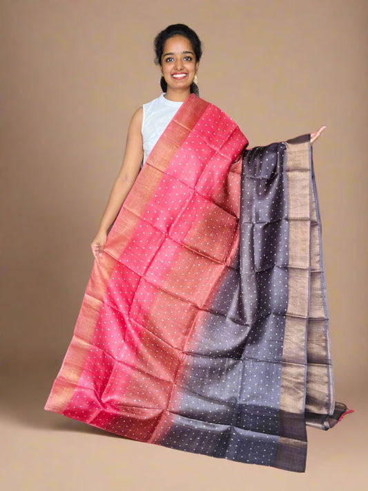 Coral, Rust and Brown Tussar Silk Saree with Prints