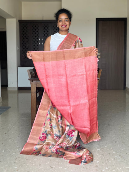 Peach Tussar Silk Saree with Prints