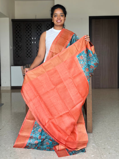 Blue and Orange Tussar Silk Saree with Prints