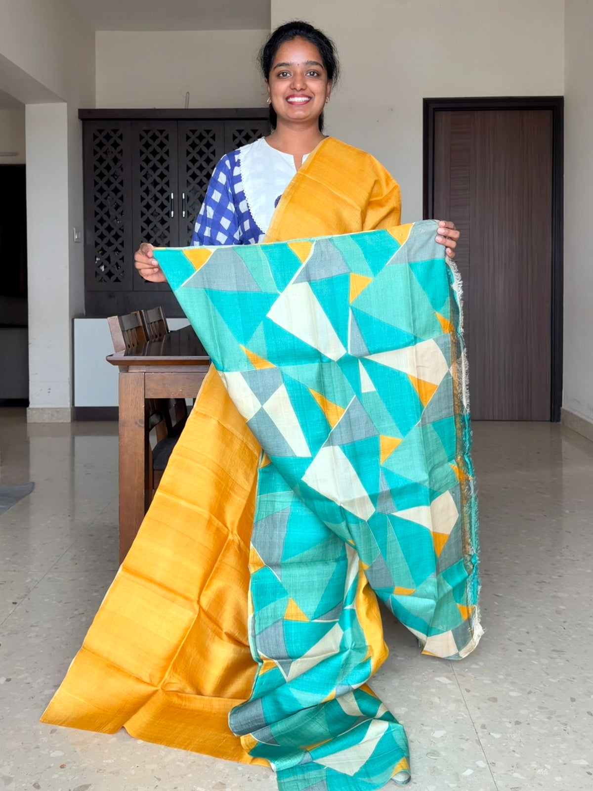 Mustard Tussar Silk Saree with Prints