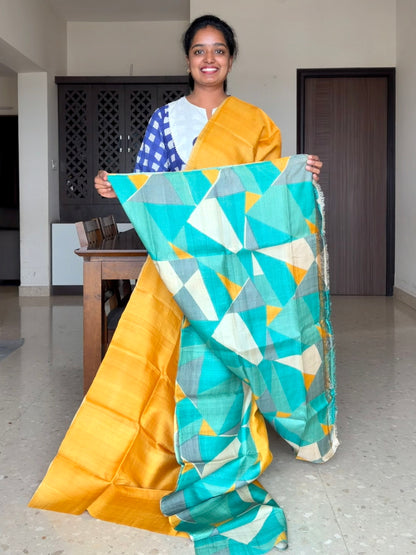Mustard Tussar Silk Saree with Prints