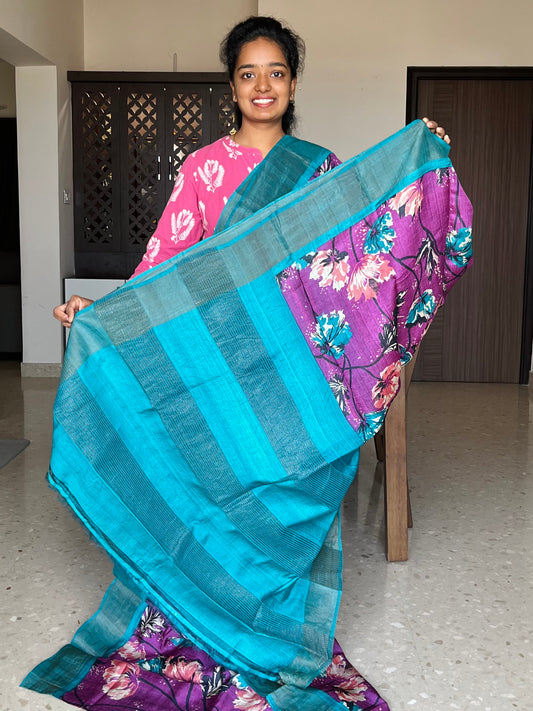 Violet and Blue Tussar Silk Saree with Prints