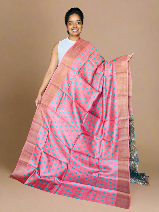 Peach Tussar Silk Saree with Prints