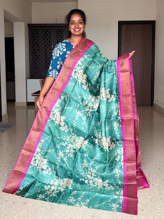 Green and Magenta Tussar Silk Saree with Prints