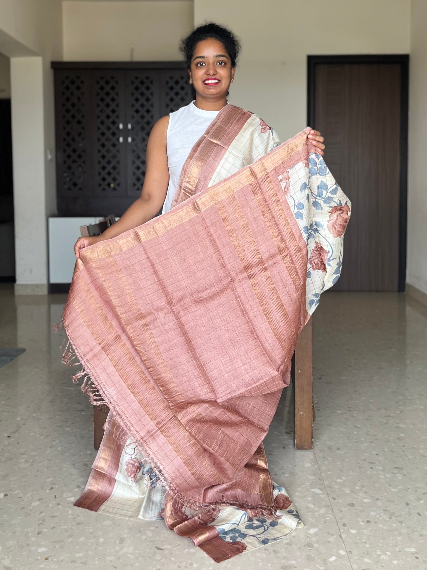 Cream and Brown Tussar Silk Saree with Prints