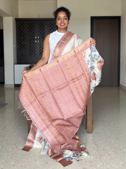 Cream and Brown Tussar Silk Saree with Prints